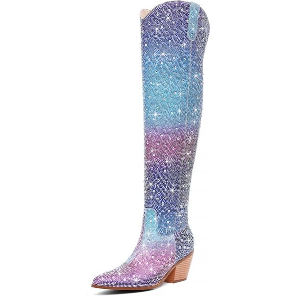 Women Blue&pink Faux Leather Sparkly Bling Rhinestone Over the Knee Cowboy Boots - Picture 1 of 10